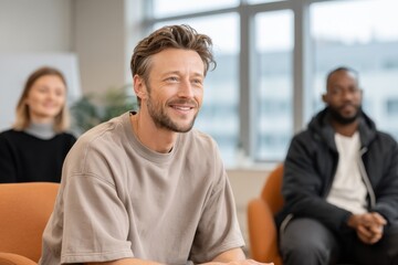 Obraz premium Smiling Man Attending a Meeting With Diverse Colleagues, Illustrating Corporate Training and Professional Development in a Modern Office Space : Generative AI