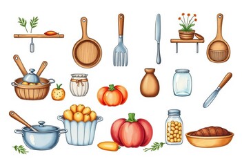 Whimsical farmhouse kitchen items, hand-drawn in a beautiful style on a white background,  canister,  utensils