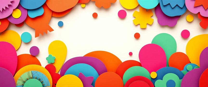 Fototapeta Whimsical, colorful abstract shapes in a seamless paper cut-style pattern  ,  wallpaper,  seamless
