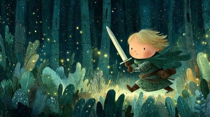 Young Hero with Sword Running Through Enchanted Forest at Night Surrounded by Glowing Fireflies and Lush Flora in Whimsical Style