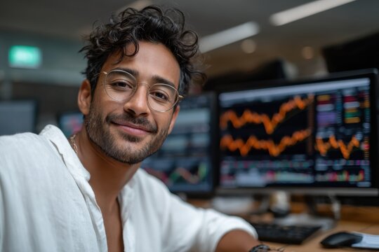Smiling Man with Glasses Analyzing Stock Market Data on Multiple Screens, Representing Financial Investment and Career Success : Generative AI