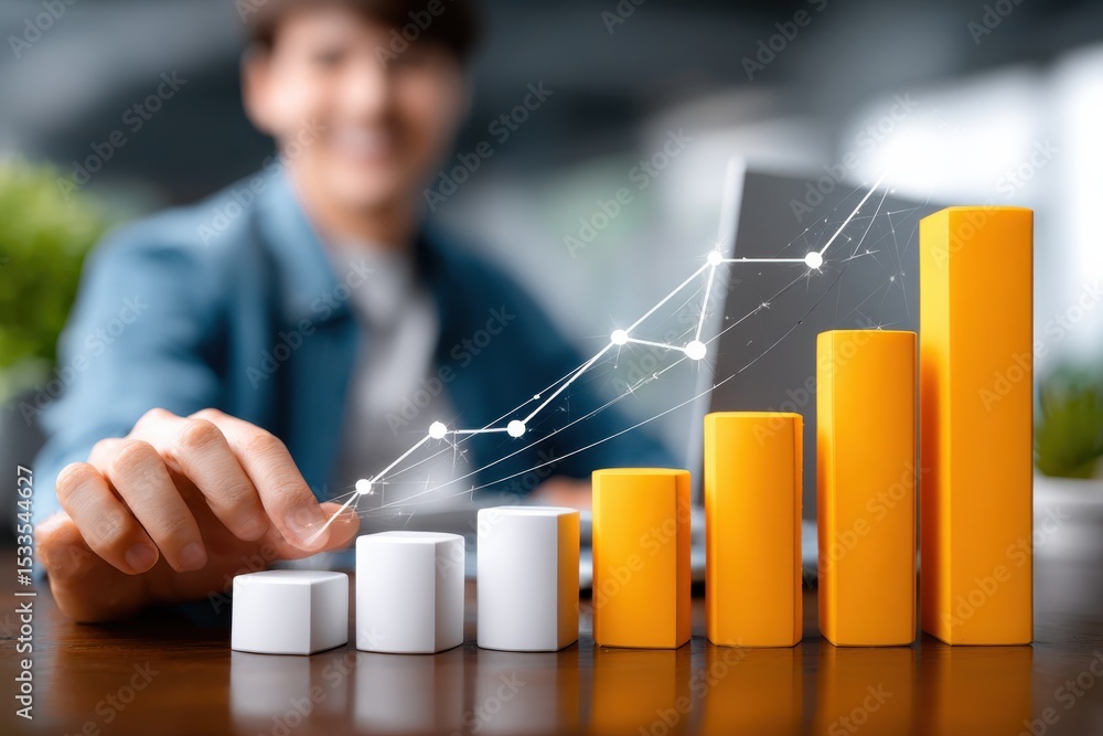 Poster man touching rising bar graph with laptop in background, symbolizing business growth and financial p