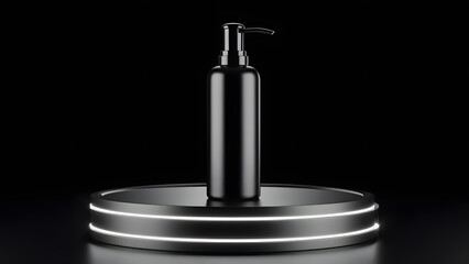 Pump bottle mockup on chrome platform with spotlight