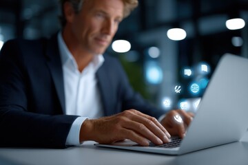 Professional Man Typing on Laptop With Glowing Icons, Representing Digital Transformation and Online Communication in Modern Business : Generative AI