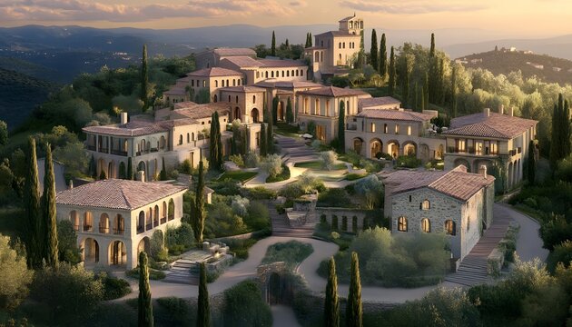 A picturesque view of a hillside village with traditional architecture.