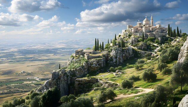 A picturesque vista of a hilltop village nestled amidst a rugged landscape. - Powered by Adobe