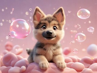 Adorable puppy surrounded by pink bubbles in dreamy pastel setting. Perfect for children's content, pet care advertising, cute animal themes