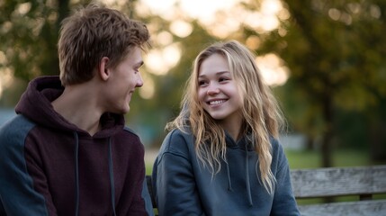 Teenager and parent having meaningful conversation on park bench