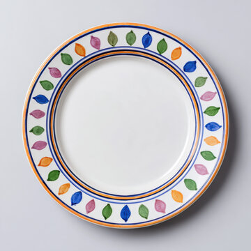 Handpainted ceramic plate with colorful leaf pattern and orange rim, bright and artistic