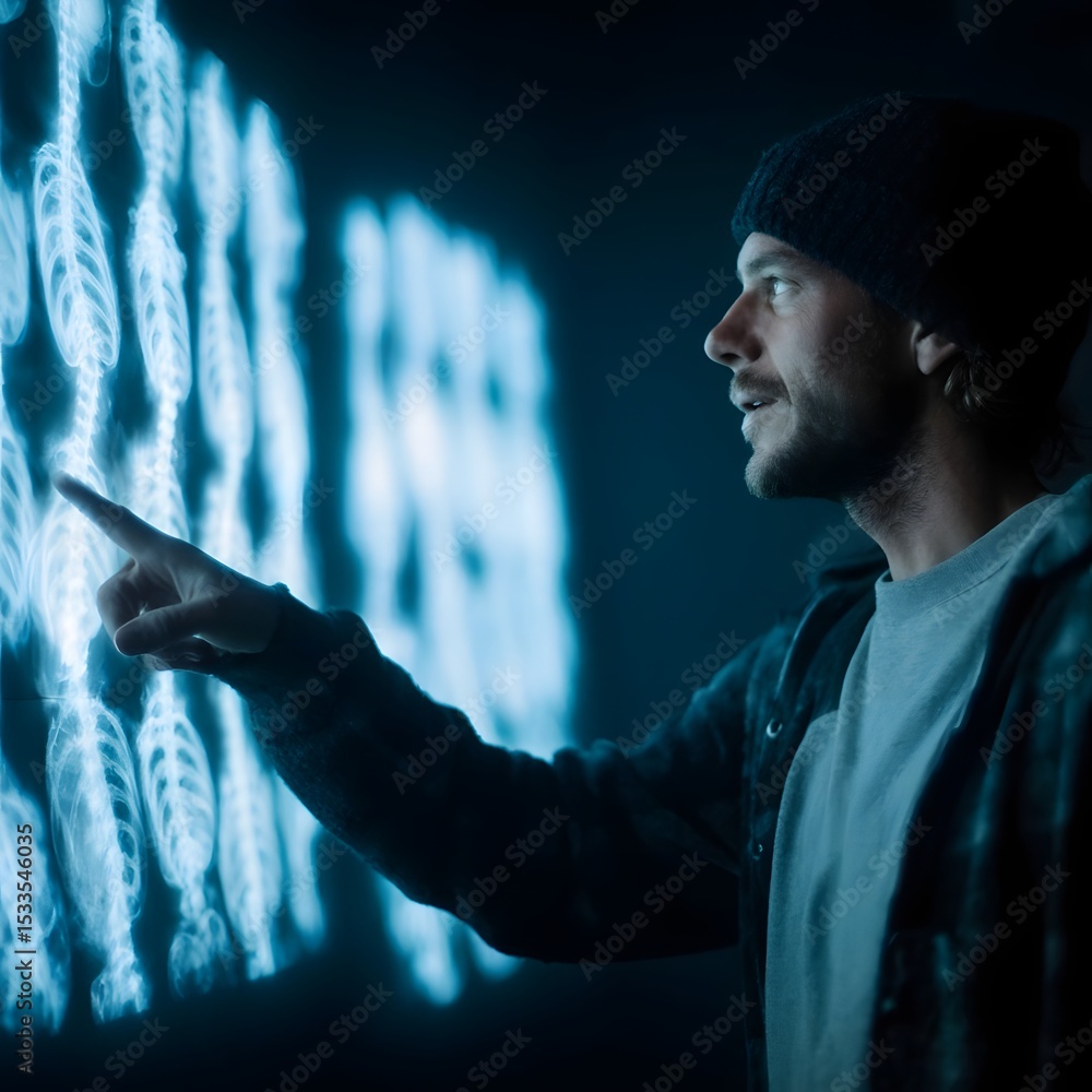 Poster a man interacting with virtual reality technology in a futuristic setting