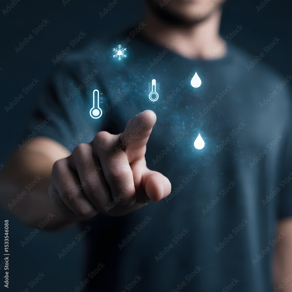 Poster a user interacts with floating health data icons on a futuristic digital interface