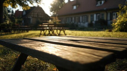 Sun-drenched wooden picnic table in a grassy garden, with rustic houses softly blurred in the background