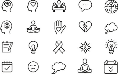 Mental Health And Therapy Line Icons Set. Counseling, Mindfulness, Support, Wellness. Editable Stroke. Vector Illustration