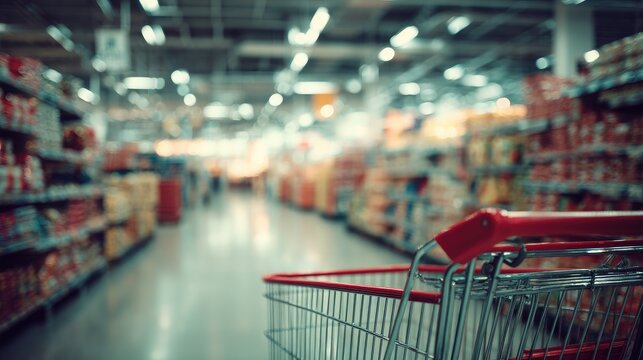 Blurred supermarket aisle with shopping cart in foreground; brightly lit, stocked shelves, and a person visible in the distance