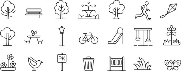Park and Recreation Line Icons Set. Nature, Playground, Trees, Outdoor Activity. Vector Illustration. Editable Stroke