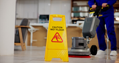 Fototapeta premium Cleaning, service and caution for wet floor, sign and person with equipment for hygiene or business. Board, information and warning for safety, disinfection and routine for sanitation of coffee shop
