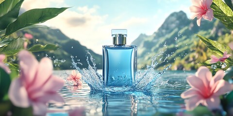 Luxury perfume bottle in tropical paradise.