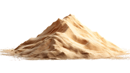 A realistic pile of sand arranged to look like a small mountain formation on a with a soft ambient light isolated on white transparent background PNG cutout