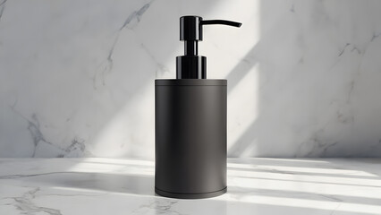 Soap dispenser mockup on white marble with shadow
