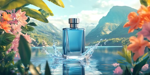 Luxury perfume bottle by lake, floral setting.