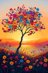 Vibrant colorful tree sunset landscape art