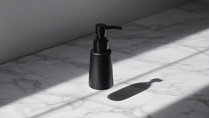 Matte black dispenser on marble surface in sunlight