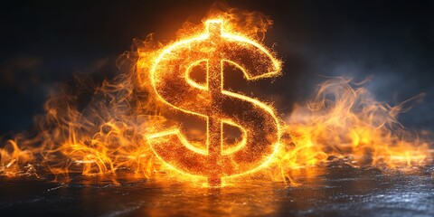 Fiery dollar sign ablaze.  Financial power concept.