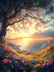Hyperrealistic cartoon artwork of a dead tree standing amidst colorful wildflowers on lush green grass