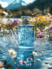 Modern blue cologne bottle with water splash effect
