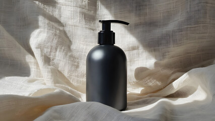 Matte black soap dispenser on wrinkled linen