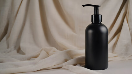 Matte black bottle standing on soft beige fabric