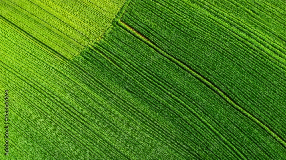 Poster minimalist aerial view of an empty green field with precise tractor lines, creating geometric patter