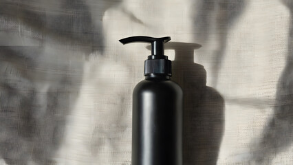 Close-up of black pump bottle with harsh shadow