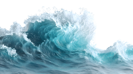 Beautiful blue ocean wave with cascading white foam against a stark black backdrop showcasing power