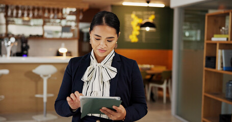 Concierge, tablet and manager with woman in hotel for online booking, reading and guest check in....