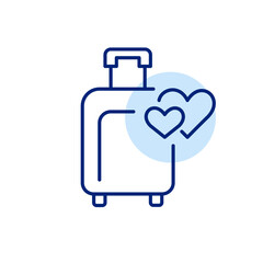 Plane luggage and hearts. Wheeler suitcase. Romantic holiday, vacation travel. Pixel perfect, editable stroke icon