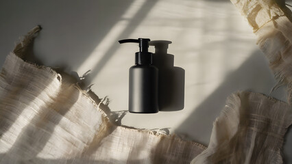 Dispenser bottle hanging from curtain in warm light