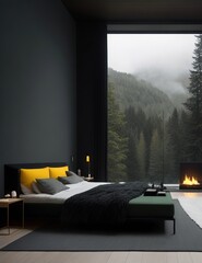 Luxury Modern Bedroom with Forest View Windows, Minimalist Dark Bedroom Overlooking Misty Pine Forest