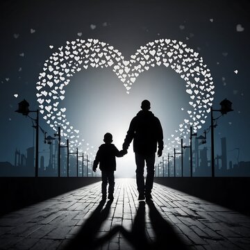 Father and Son Walking Towards a Heart-Shaped Light Display at Night