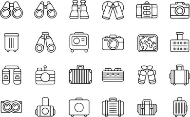 Sightseeing Trip Line Icons Set. Landmarks, Travel, Exploration, Adventure. Vector Illustration. Editable Stroke