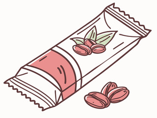 Powdered drink sachet with coffee beans illustration and copy space on white background