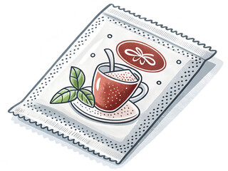 Powdered drink sachet with tea illustration and copy space on white background