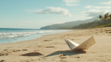 A small, white paper boat rests on a sandy beach near calm ocean waves under a bright, sunny sky