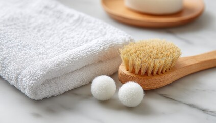White towel, body brush, and cotton balls on marble