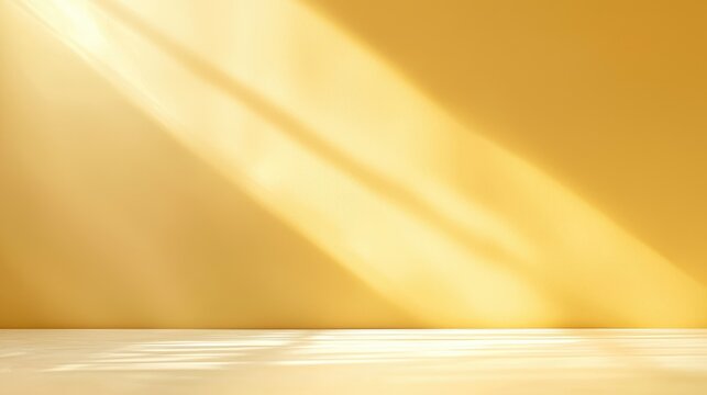 Sunlight streams across a pale yellow wall and illuminates a light-colored floor, creating a minimalist, bright, and serene scene