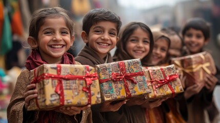 Children with gifts, joyful expressions