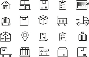 Warehouse Inventory Line Icons Set. Stock Management, Logistics, Storage, Distribution. Vector Illustration. Editable Stroke