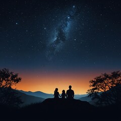 Family Silhouettes Witnessing a Majestic Milky Way Galaxy at Night