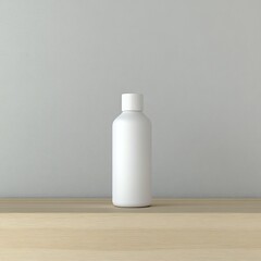 A minimalist image of a white plastic bottle with a white cap on a light wood surface against a light grey wall