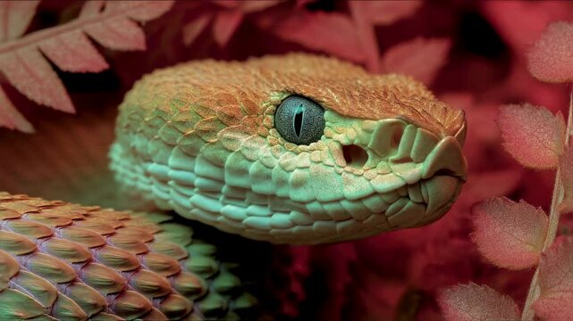 Close-Up of a Copperhead Snake's Head Amidst Reddish-Pink Fern Fronds